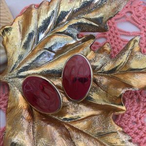 Vintage 80’s Enamel Earrings Gold Metal Base Red Pink Swirls Oval Earrings Post